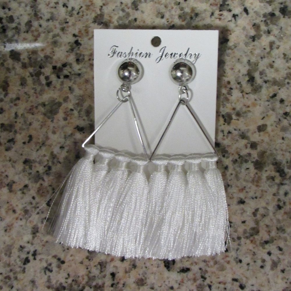 Silver Triangle Hoop Earrings with White Tassels